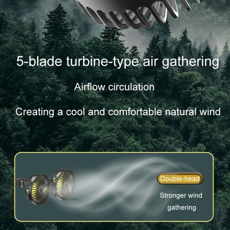 Dual-head fan for rear car headrests, brushless motor, USB-powered, creative and practical for car interiors.