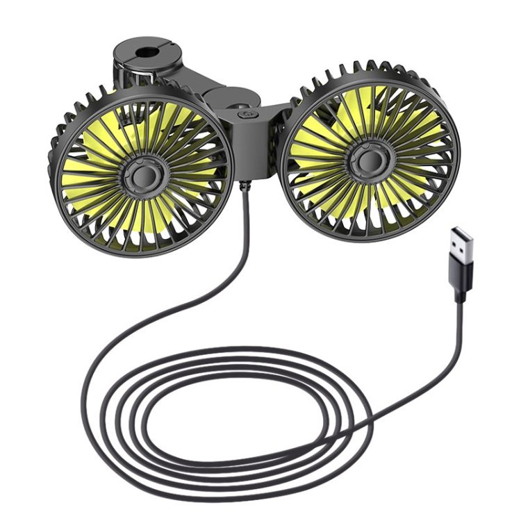 Dual-head fan for rear car headrests, brushless motor, USB-powered, creative and practical for car interiors.