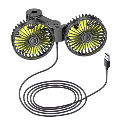 Dual-head fan for rear car headrests, brushless motor, USB-powered, creative and practical for car interiors.