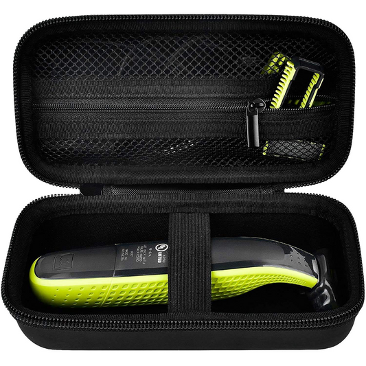 The hard shell of the Philips Norelco single blade trimmer shaver case and the travel organizer's handbag are Philips Norelco single blade trimmers
