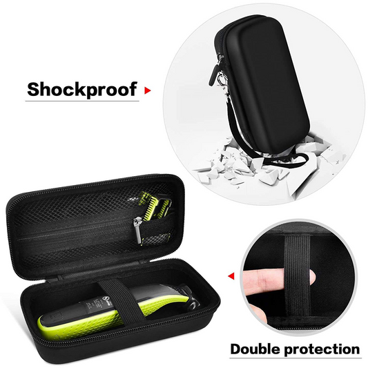 The hard shell of the Philips Norelco single blade trimmer shaver case and the travel organizer's handbag are Philips Norelco single blade trimmers