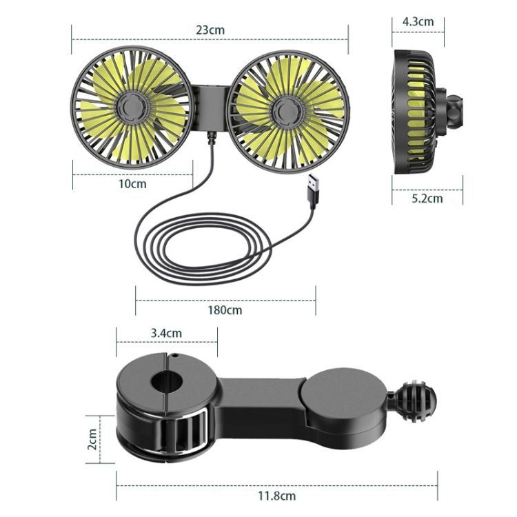 Dual-head fan for rear car headrests, brushless motor, USB-powered, creative and practical for car interiors.
