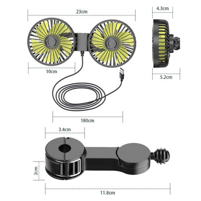 Dual-head fan for rear car headrests, brushless motor, USB-powered, creative and practical for car interiors.