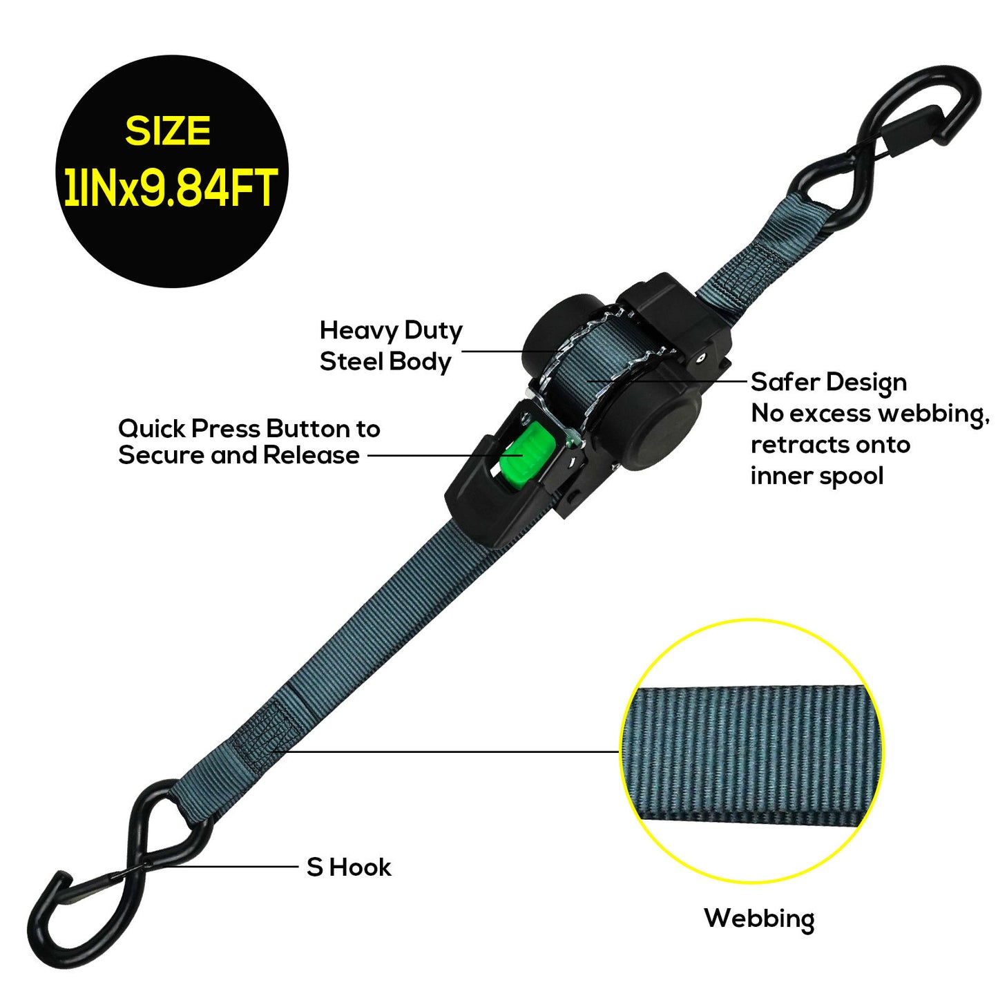 Button-operated retractable automatic ratchet strapping for securing truck equipment, cargo, luggage, and motorcycles; automatic retraction tensioner strapping.