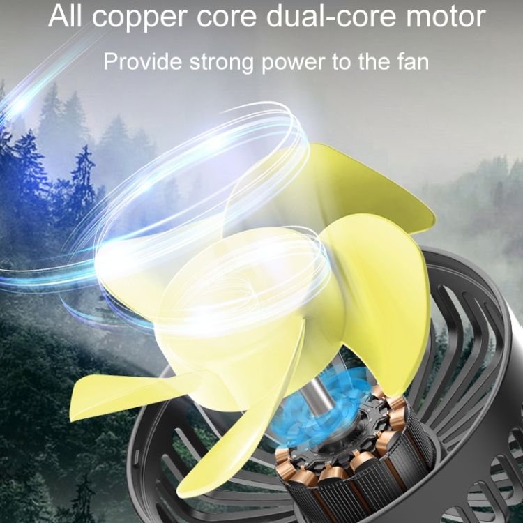 Dual-head fan for rear car headrests, brushless motor, USB-powered, creative and practical for car interiors.